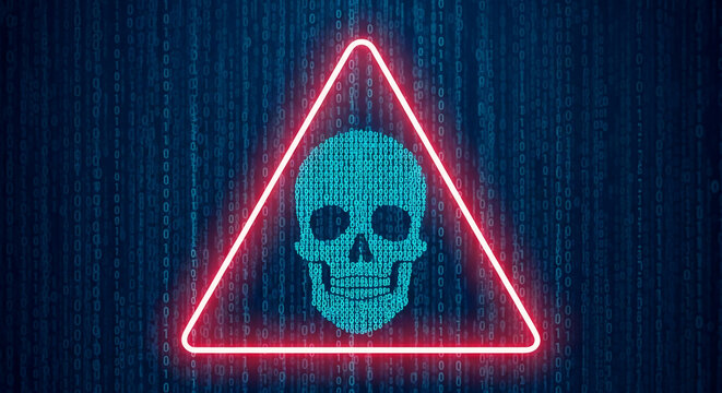 Digital skull within a red warning triangle, set against a binary code background, symbolizing cyber threat, data breach, or online security risk