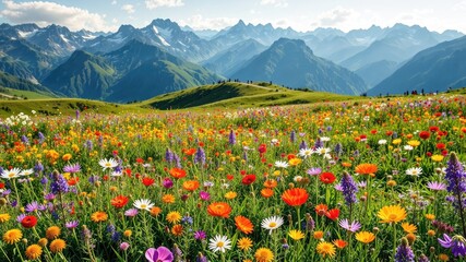 Fototapeta premium Springtime Alpine Meadow - Lush Flowers, Blue Sky, Mountains