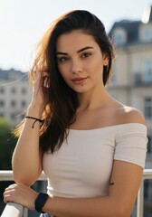 Candid portrait of a beautiful woman on a city balcony