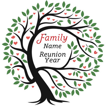 Tree with spreading branches and small heart-shaped leaves circular design with center space for family name and reunion year