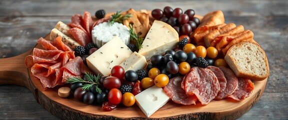 Fototapeta premium A rustic wooden board overflowing with cheeses, cured meats, olives, grapes, and bread, snack, cheese