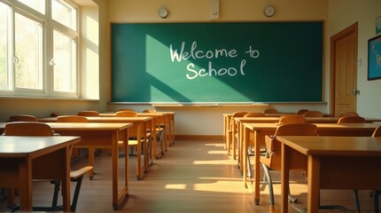 Sunlit Empty Classroom Featuring Welcome Message on a Green Chalkboard