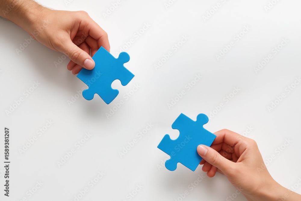 Poster puzzle of teamwork: two hands delicately hold puzzle pieces, symbolizing collaboration and the forgi