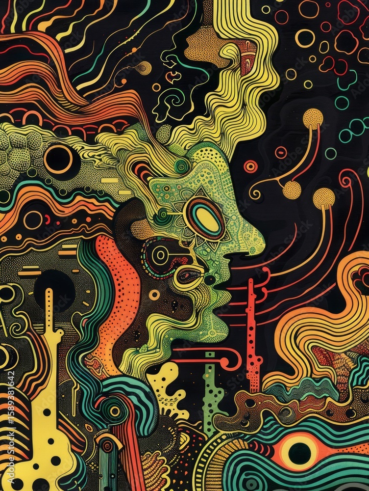 Poster the image showcases an abstract, psychedelic design with intricate patterns and bold shapes