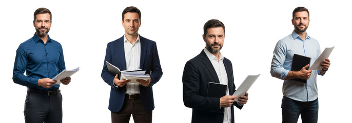 Collection of male teachers standing holding a notebook and some papers in his hands, isolated on white or transparent background