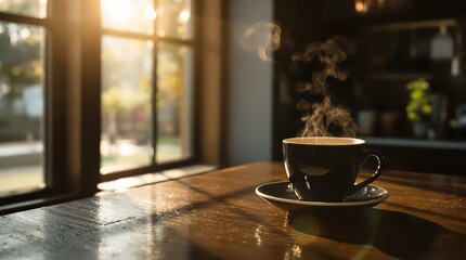 Steaming Black Coffee Cup on Wooden Table with Golden Morning Sunlight