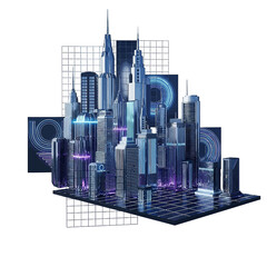 Futuristic Cityscape with Metallic Skyscrapers and Neon Accents on Grid Platform