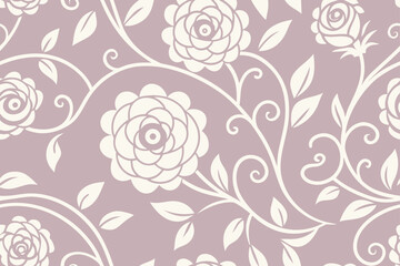 Cream roses and leaves on lilac background floral pattern