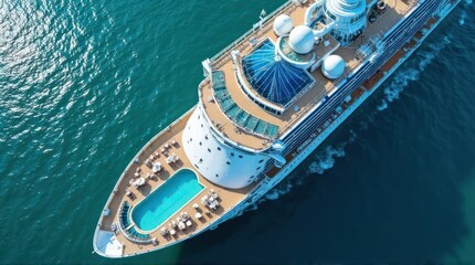 Sailing Luxury Cruise Ship with Pools Top-Down Aerial View on Ocean