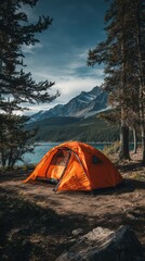 High-quality stock image of a wilderness camping with tent, suitable for commercial use.