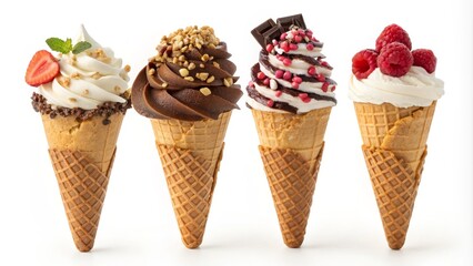 Four Ice Cream Cones Vanilla, Chocolate, Strawberry and Mixed Berry Swirls, Waffle Cone, Dessert, Sweet Treat Ice cream, frozen dessert