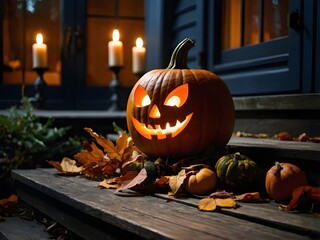 Realistic Carved Pumpkin with Smoke on Wooden Porch at Night &ndash; Autumn Leaves and Candlelight