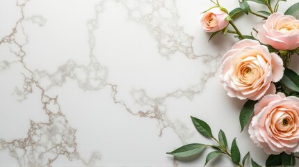 Arranged Peach Pink Roses with Green Leaves on Elegant Marble Background