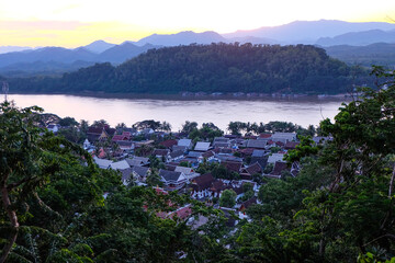 Panorama view of Luang Prabang district, from the top of mount Phou Si 
