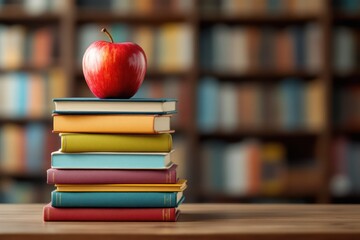 Stacked Colorful Books with Red Apple on Wooden Desk in Library