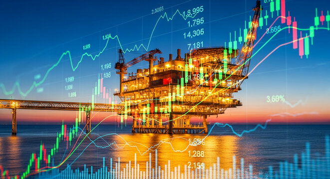 Offshore oil rig at sunset overlaid with dynamic stock market graph, symbolizing energy market trends and investment
