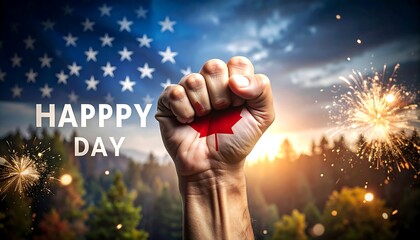 Fist raised, flag colors, celebratory message