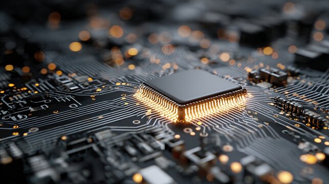 Close macro focus on microprocessor and electronic pathways on circuit board
