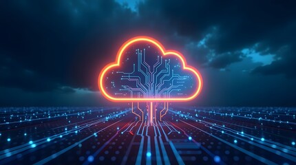 A glowing cloud icon with circuit patterns on a digital background. Represents cloud computing, data storage, and network technology.