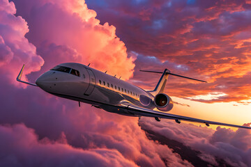 Obraz premium Private jet flying above clouds at sunset with iridescent reflection