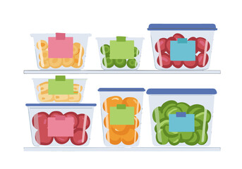 Colorful food labels with sticky stickers are pasted on transparent food containers on a transparent background.