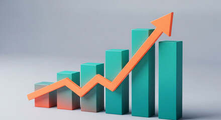 Teal bar graph with upward trending orange arrow, showcasing growth and progress, ideal for business, finance, or success concepts
