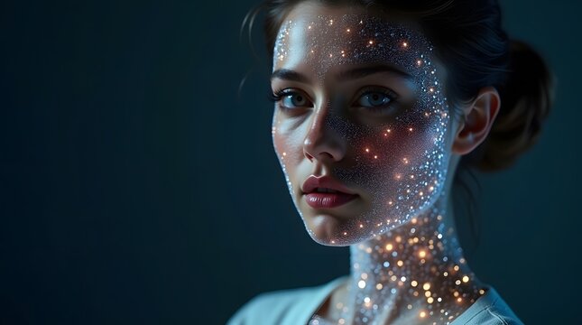 Futuristic portrait of a woman with glowing digital constellations on her face. Concept of AI, beauty technology, and virtual identity.
