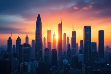 Obraz premium Glowing Urban Cityscape Silhouetted Against a Dramatic and Vibrant Sunset Sky
