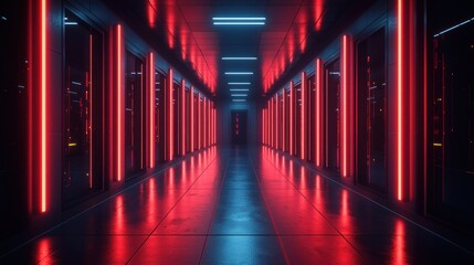 Neon-lit server room hallway.  Deep perspective, reflecting surfaces
