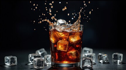 Refreshing Cola Splashing in a Glass with Ice Cubes Against Black Background