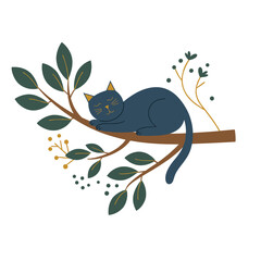 Adorable Scandinavian style sleeping cat illustration for cozy home decor, pet related branding and nursery design, textiles, souvenirs, mugs.