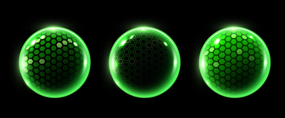 3D transparent sphere protection shield with hexagon pattern and neon glowing elements on dark background. Power energy barrier, force field, protection or defend concept.