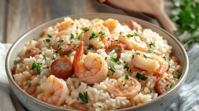 Delicious shrimp and sausage rice bowl with herbs, perfect for a satisfying meal anytime