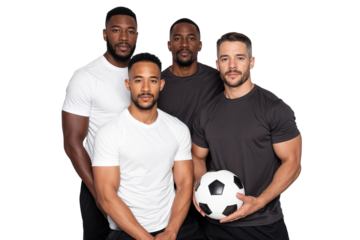 Diverse football or soccer team, one holding a soccer ball, posing confidently against a transparent background
