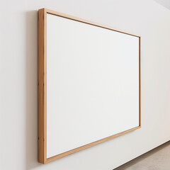 Living space with a landscape orientation blank frame mockup from side view, styled with modern interior design elements and warm tones