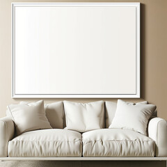 Mockup image of a horizontal frame in light-filled modern living room, perfect for artists or illustrators previewing printable works