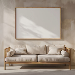 Stylish home setup with large horizontal frame hanging above a neutral-toned sofa, suitable for branding, interior mockups, or art design displays