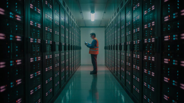 It technician in reflective vest checks tablet while standing in a dimly lit server room aisle with rows of blinking computer servers