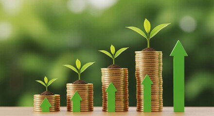Stacks of gold coins with growing plants, accompanied by green upward arrows, set against a blurred green background, illustrating financial growth and investment