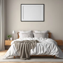 Cozy bedroom wall with single horizontal blank frame above pillows, styled as a realistic mockup for posters or wall art in warm, minimalist interiors
