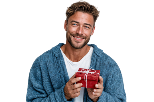 Smiling man wearing a blue cardigan, happily holds a red gift box, isolated on transparent background