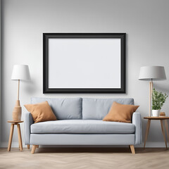 Contemporary home interior featuring one horizontal frame mockup above couch, styled for clean and elegant design presentations