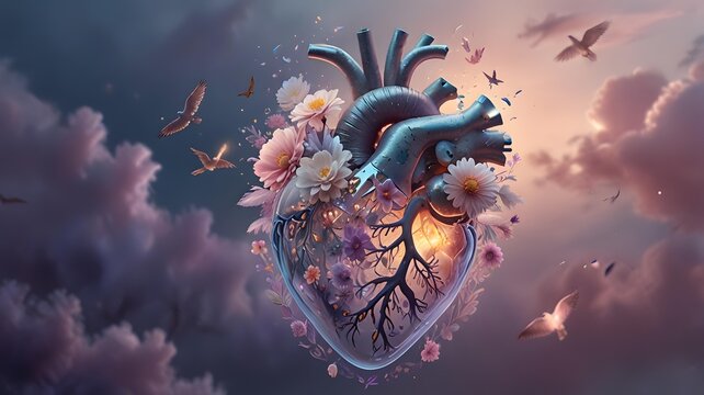 there is a heart with flowers and birds flying around it 