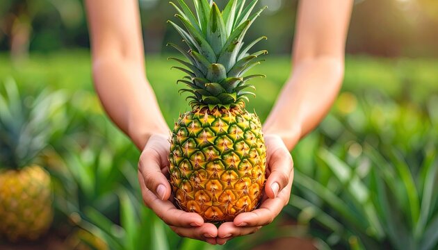 A person holding a pineapple in a field
