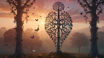 trees with butterflies and butterflies in the sky at sunset 