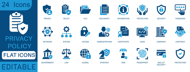 Privacy policy icon set. featuring data protection, security, compliance, user rights, GDPR, cyber law, confidentiality, encryption, and secure authentication. perfect flat icon collection.
