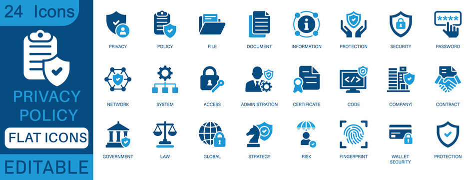 Privacy policy icon set. featuring data protection, security, compliance, user rights, GDPR, cyber law, confidentiality, encryption, and secure authentication. perfect flat icon collection.