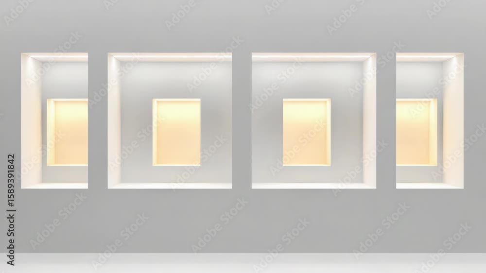 Poster three empty white niches with soft light entering from unknown source
