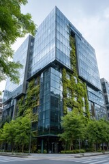 Modern glass building with vertical green wall