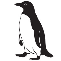 Black and white illustration of a penguin, standing upright on a white background.
